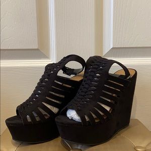 Black Faux Suede Wedge Sandal